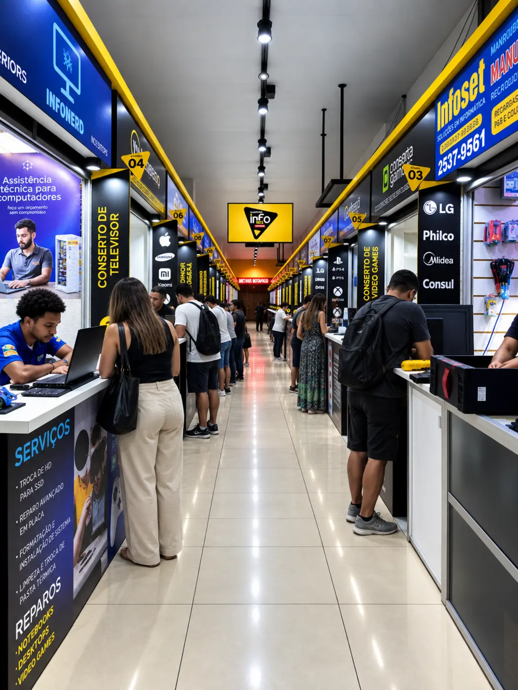 Corredor interno com lojas e balcões no Shopping Infomix Botafogo